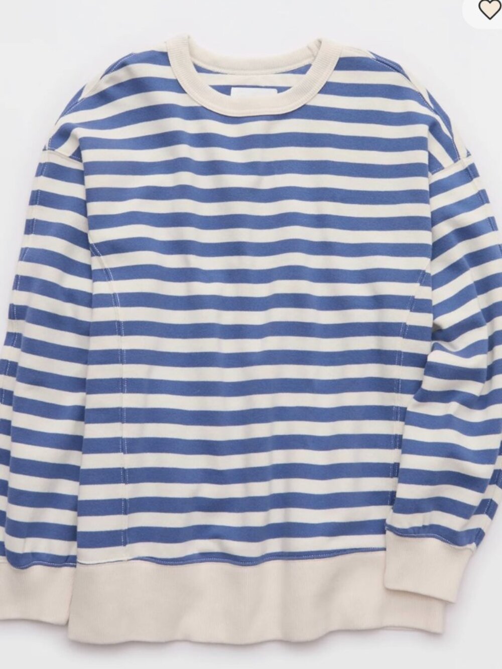 NWT - Size XL - Blue & White Striped Aerie Go-To Crewneck Sweatshirt - Picture 3 of 4